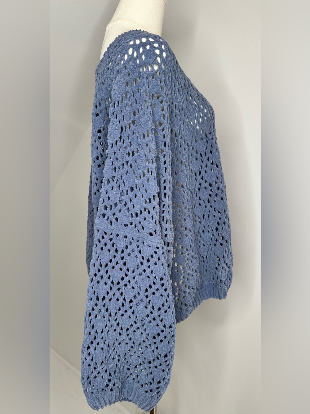 POL Blue Chenille Crochet Knit Sweater Oversized Boho Open Weave Pullover